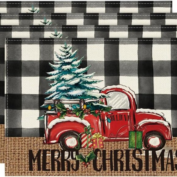 Buffalo Plaid Truck Merry Christmas Placemats Set of 4, 12x18 - Picture 1 of 5